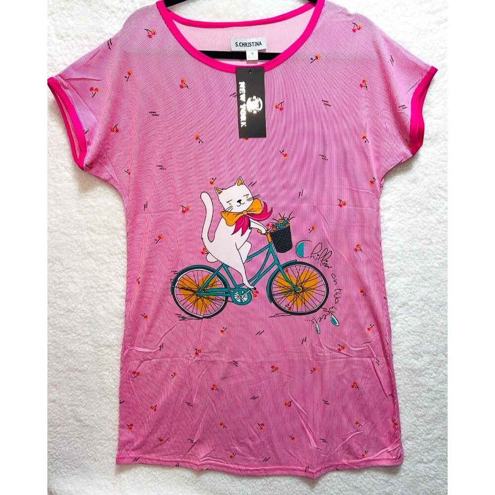 Misses Medium Cute Cat Bicycle Print Pink Pinstriped T Shirt Dress S.Christina